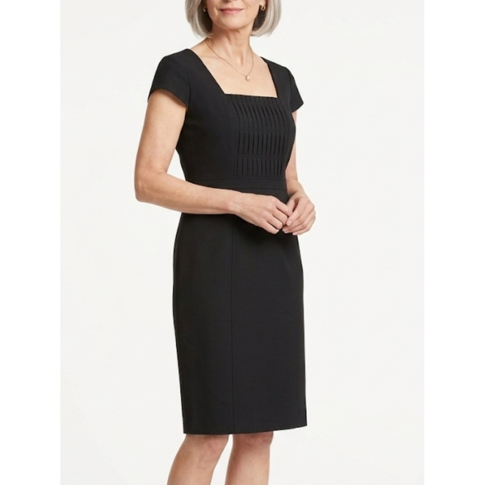 ANN TAYLOR Sz 12 Black Pleated Square Neck Midi Dress Office Career Professional